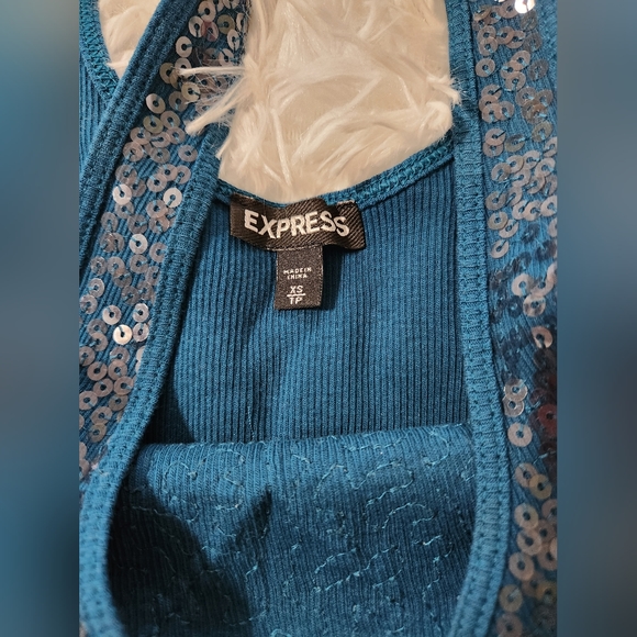 Express Teal Sequin Front Ribbed Tank Top - Picture 2 of 4